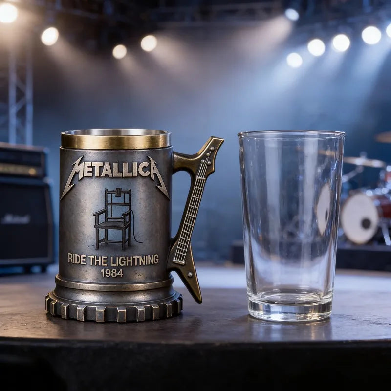Metallica Ride The Lightning 1984 Collectible Mug, Guitar Handle Stainless Steel Lined Beer Stein, Heavy Metal Rock Fan Gift