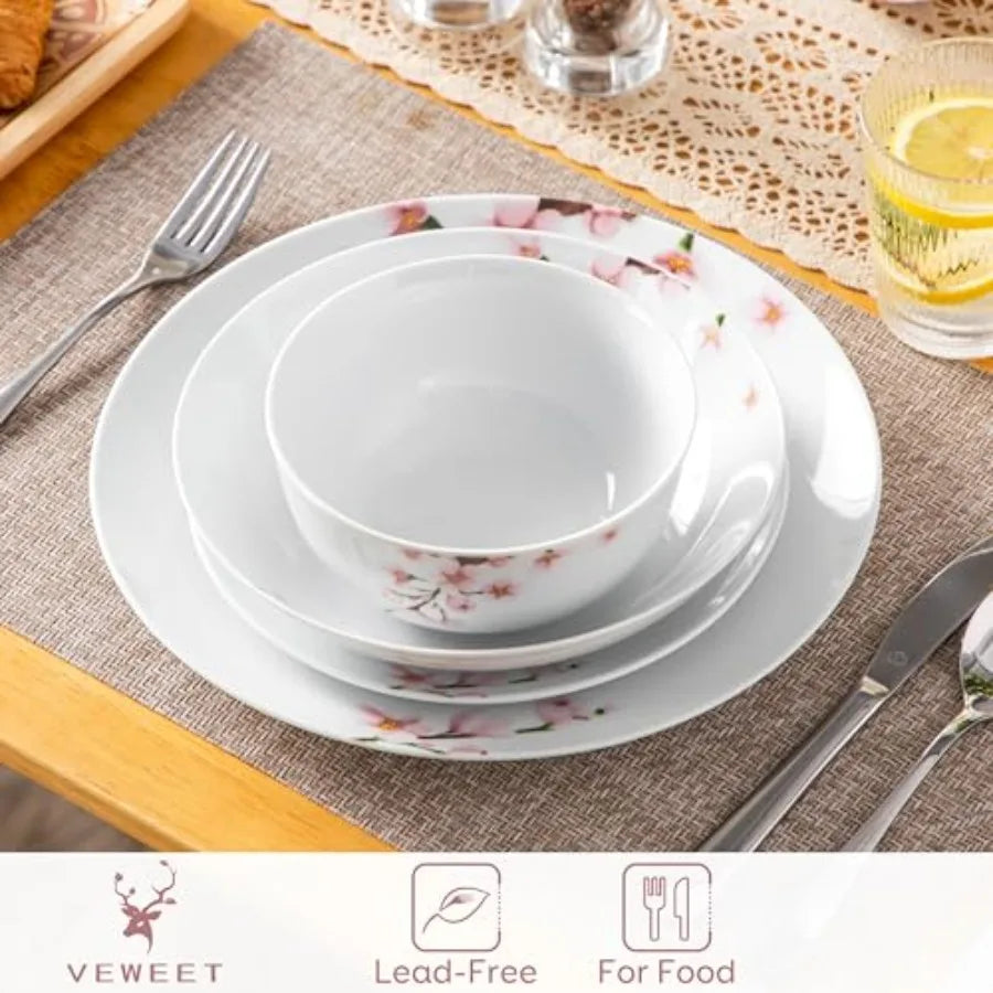 Dinnerware Set for 6 24 Pieces Porcelain Plates and Bowls with Pink Floral Design Microwave and Dishwasher Safe Classic Dining