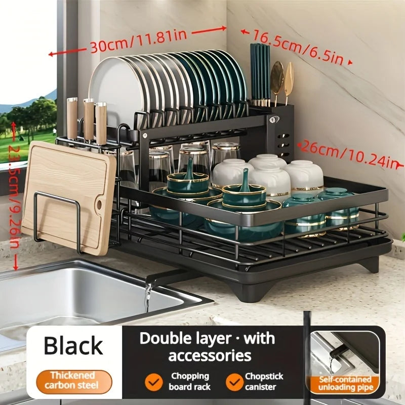 2-Tier Carbon Steel Dish Drying Rack for Kitchen Counter, Large Capacity Dish Drainer with 360° Swivel Spout, Rust-Proof Utensil & Cutting Board Holder