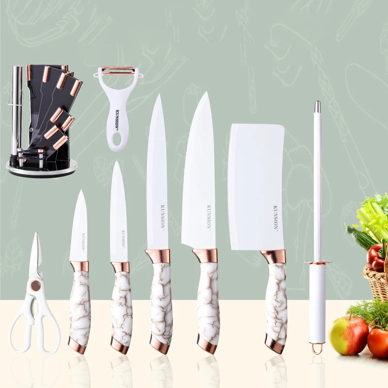 Kitchen Knife 9pcs Acrylic Knife Holder Stainless Steel Slicing Knife Bread Knife Fruit Knife Chef Knife