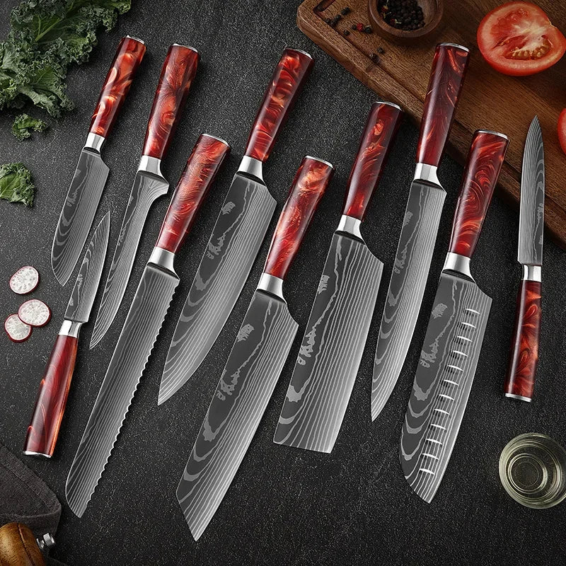 Damascus Pattern Knives Set Stainless Steel Chef Knife Japanese Santoku Knife Boning Knife Meat Cleaver Household Bread Knives