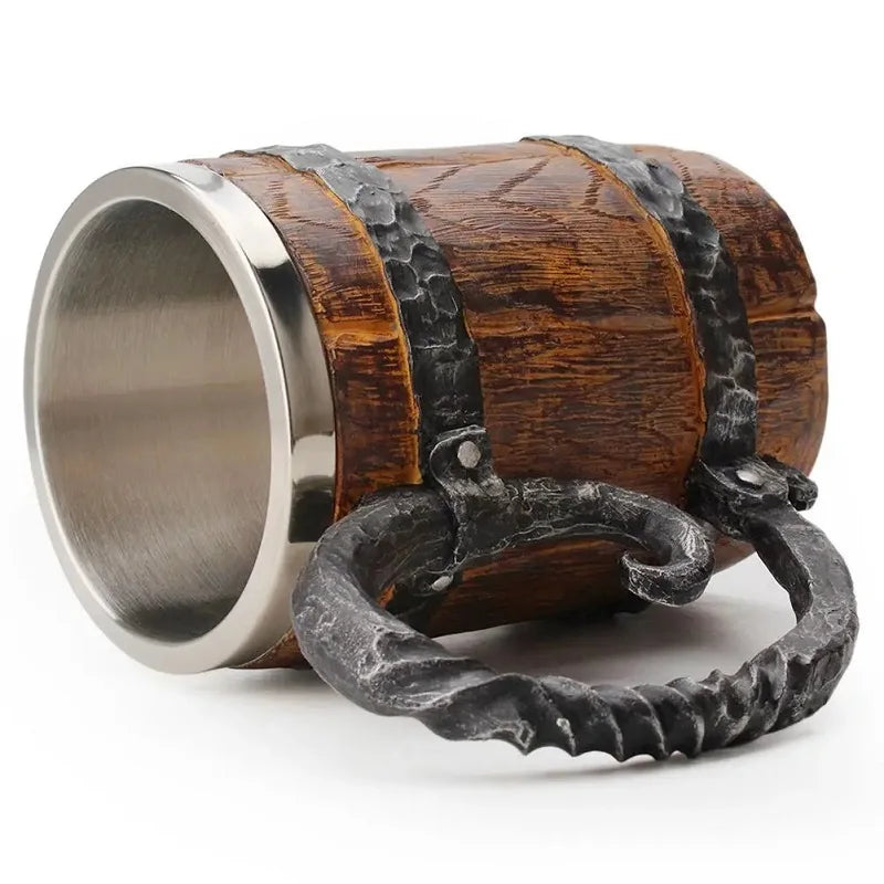 600ml Viking Wood Style Insulated Beer Mug Double Wall Metal Drinking Cup Simulation Wooden Barrel Design Gift