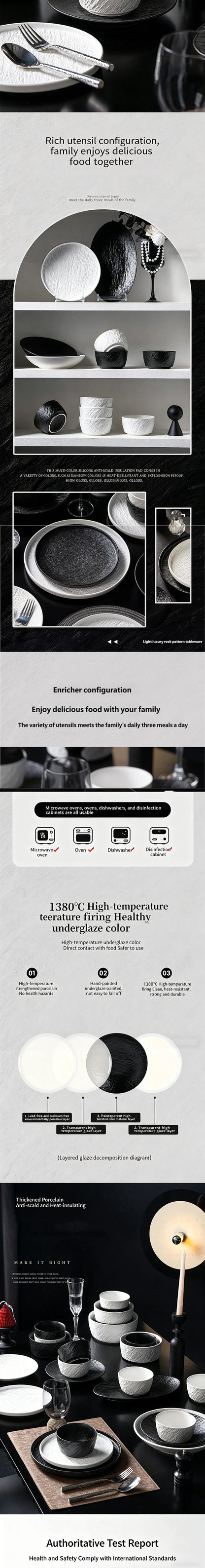 Tableware Set Black And White Rock Slab 8/16/34/55pcs Ceramics Dish Sets Full Set Luxury Dinnerware Set For 2/4/6/8/10 Persons