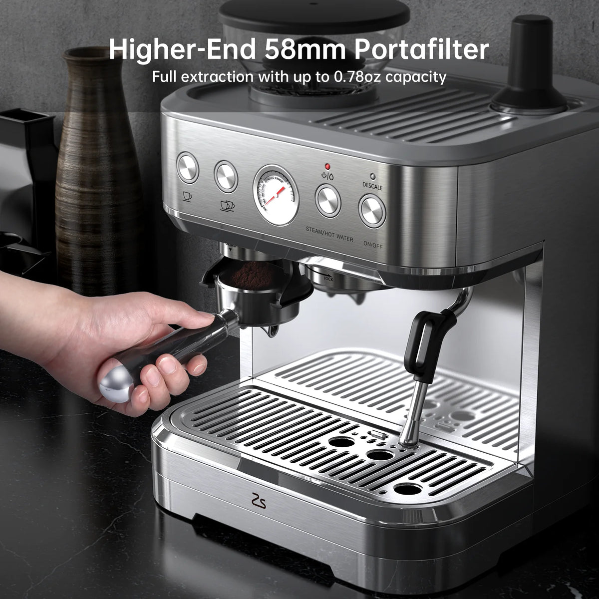 Espresso Machine with Milk Frother and Grinder, 15 Bar Automatic Espresso Coffee Machine All In One Coffee Maker with Italian ULKA Pump, 2.5L Water Tank, Brushed Stainless Steel for Home Office