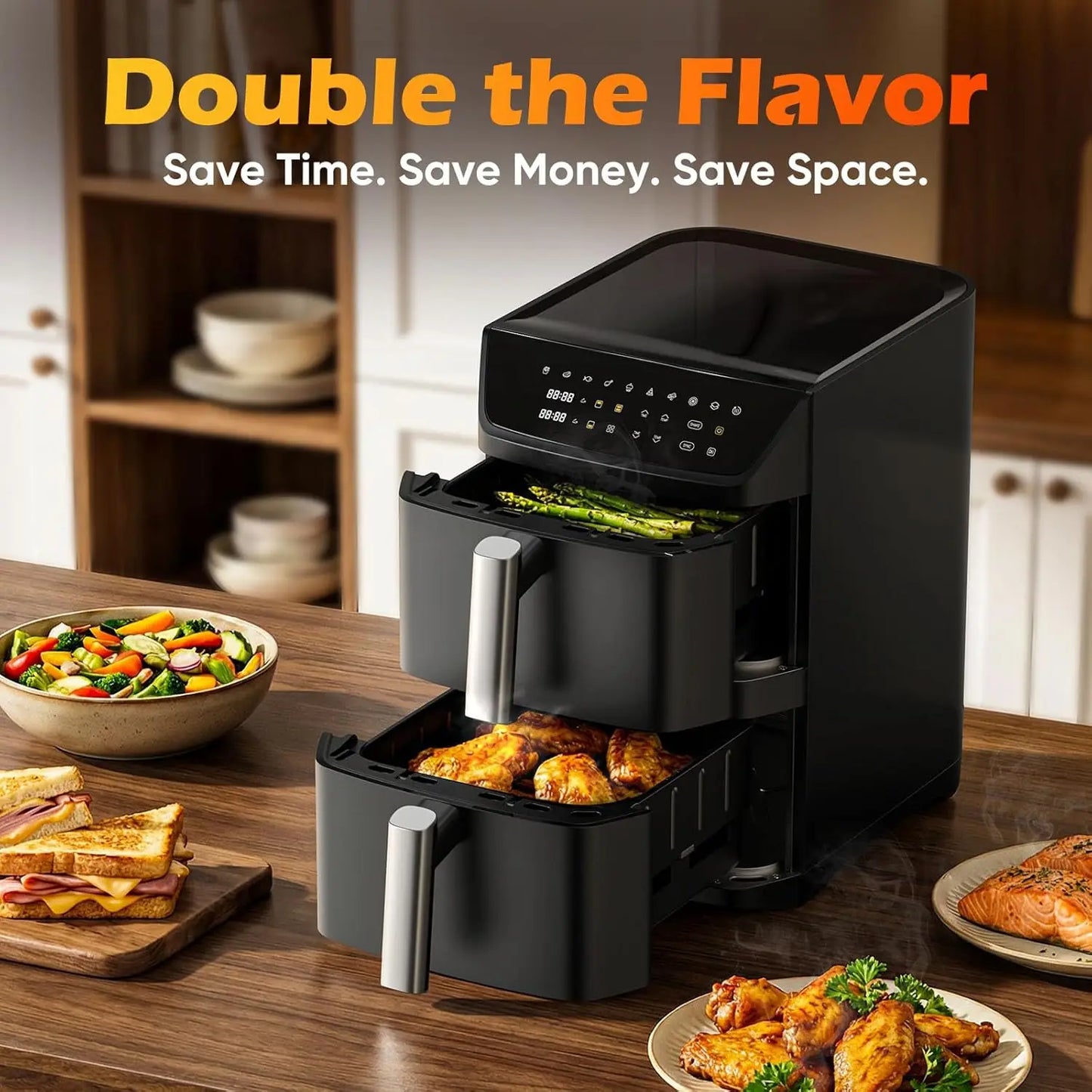 12.6QT Dual Basket Air Fryer, Family-Size for 10-12, XL Basket Fits 6LB Chicken, DoubleStack Compact, 10-in-1 with SyncFinish, Dishwasher-Safe