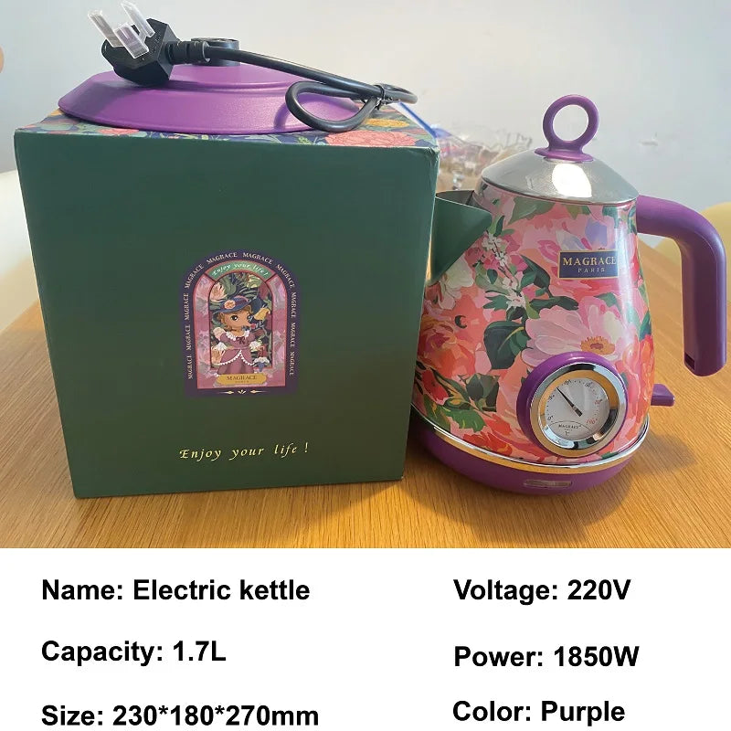 1.7L Retro Electric Kettle 1850W Home Boiling Kettle With Temperature Display Automatic Power Off 304 Stainless Steel Teapot