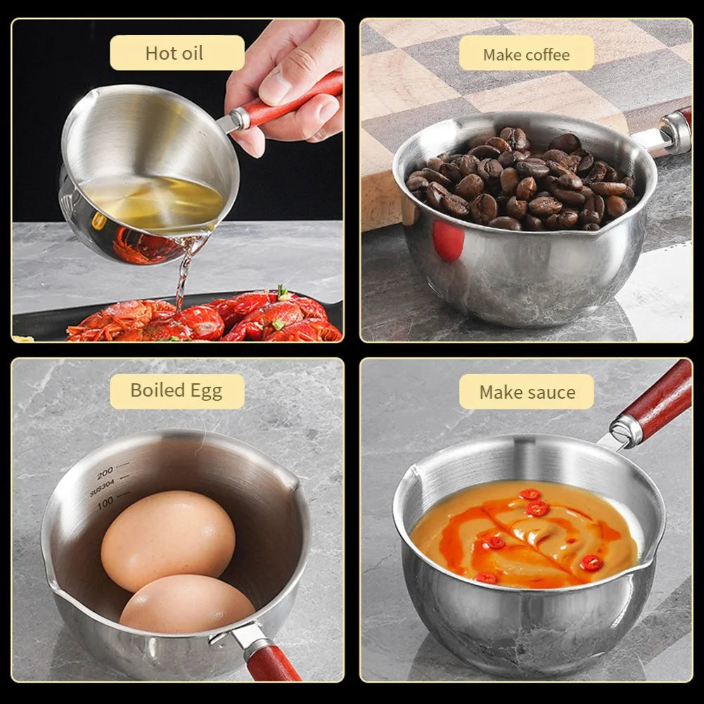 Stainless Steel Hot Oil Pot Milk Pan With Wooden Handle Small Pot Cooking Butter Melting Pot Sauce Pan Kitchen Pan