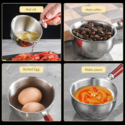 Stainless Steel Hot Oil Pot Milk Pan With Wooden Handle Small Pot Cooking Butter Melting Pot Sauce Pan Kitchen Pan