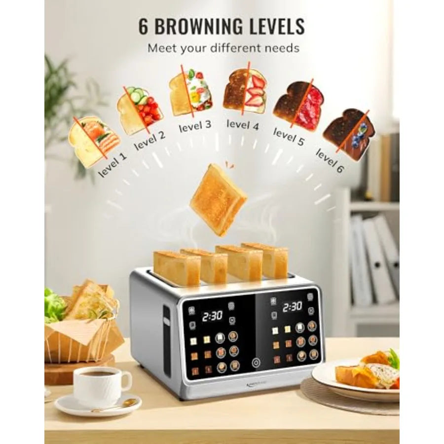 4-Slice Digital Smart Toaster with TouchScreen Dual Control Panel Single Slot Toasting Timer Reheat Defrost for Bagels Bread Wa