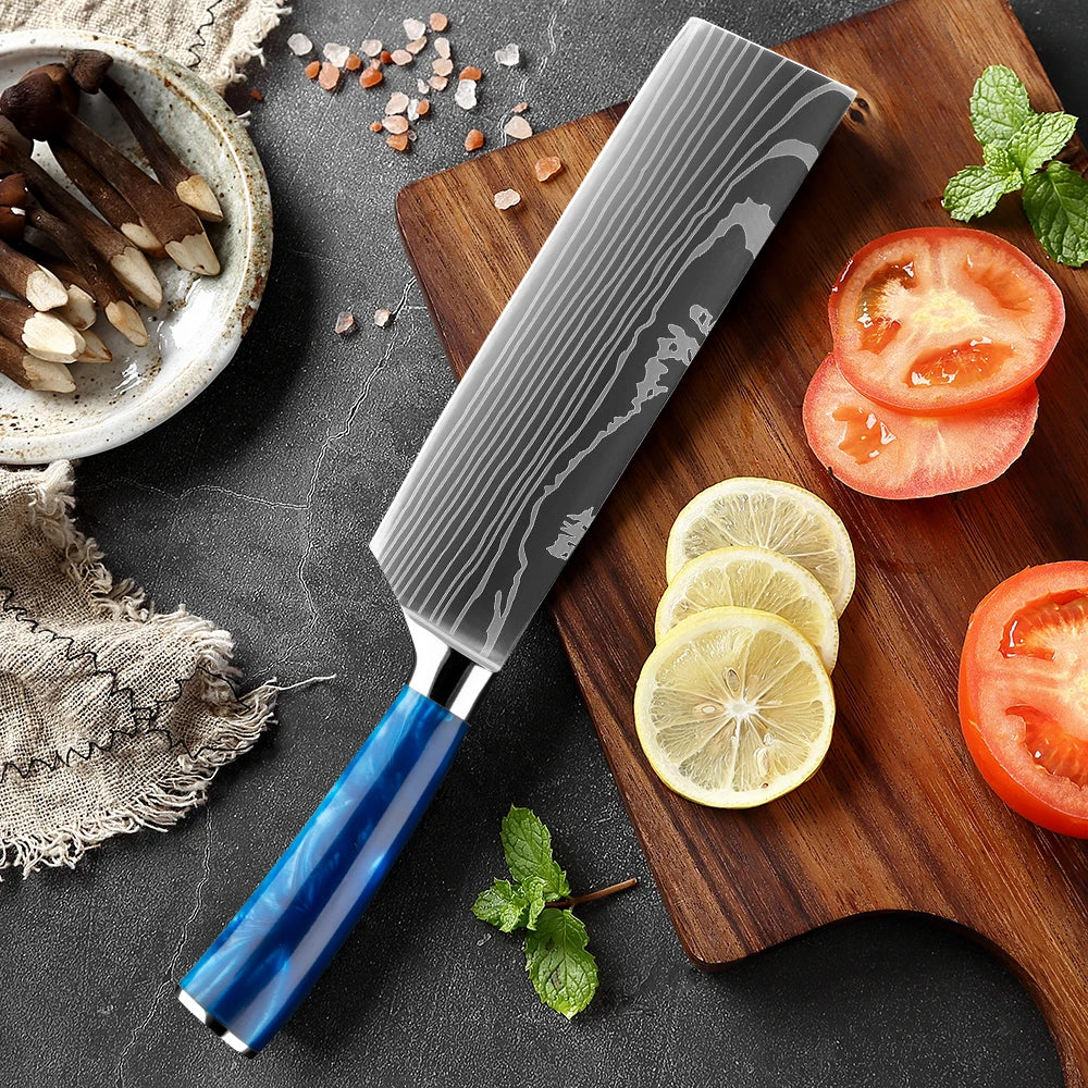 Stainless Steel Chef Knife Kitchen Knife Set 1-8Piece Razor-Sharp Paring Knife, Boning Knife, Santoku Knife, Blue Resin Handle