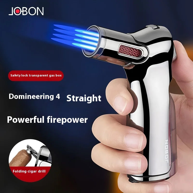 JOBON Visible Gas Four Torch Lighter Windproof Spray Gun Cigar Lighter for Kitchen Cooking Jewelry Welding Safety Lock