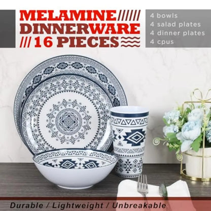 Melamine Dinnerware Set for 4-16 Pcs:Camping Dishes Set with Dinner PlatesSalad Plates Bowls and Cups.Lightweight and Unbreakab