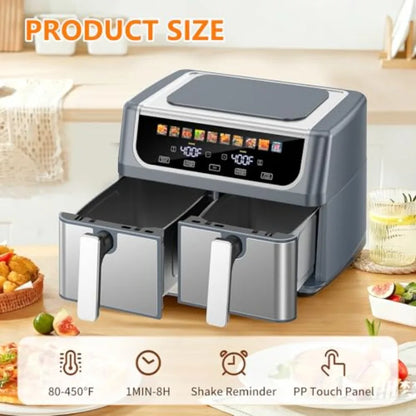 10-in-1 Air Fryer for Kitchen Use, Grey Aluminum Alloy, Grey, 9.5 QT Large Capacity with Dual Independent Baskets, Sync Finish