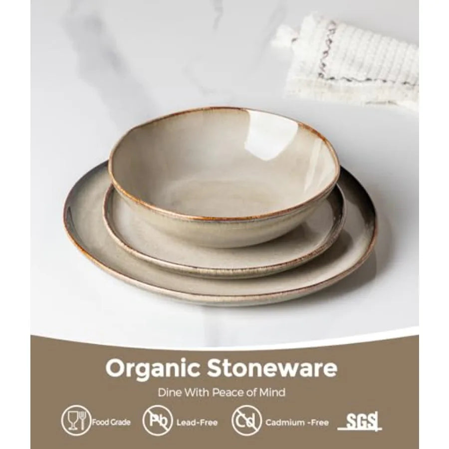 Stoneware Dinnerware Sets for 4 12 Pieces Rustic Ceramic Plates and Bowls Set Handmade Reactive Glaze Plate Sets Highly Chip Re