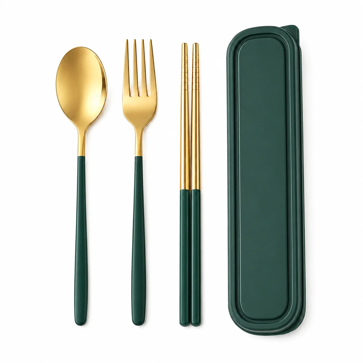 3PCS Portable Stainless Steel Cutlery Set with Case, Green Gold Reusable Spoon Fork Chopsticks Travel Tableware Set for Office School Camping Picnic