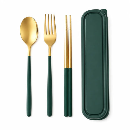 3PCS Portable Stainless Steel Cutlery Set with Case, Green Gold Reusable Spoon Fork Chopsticks Travel Tableware Set for Office School Camping Picnic
