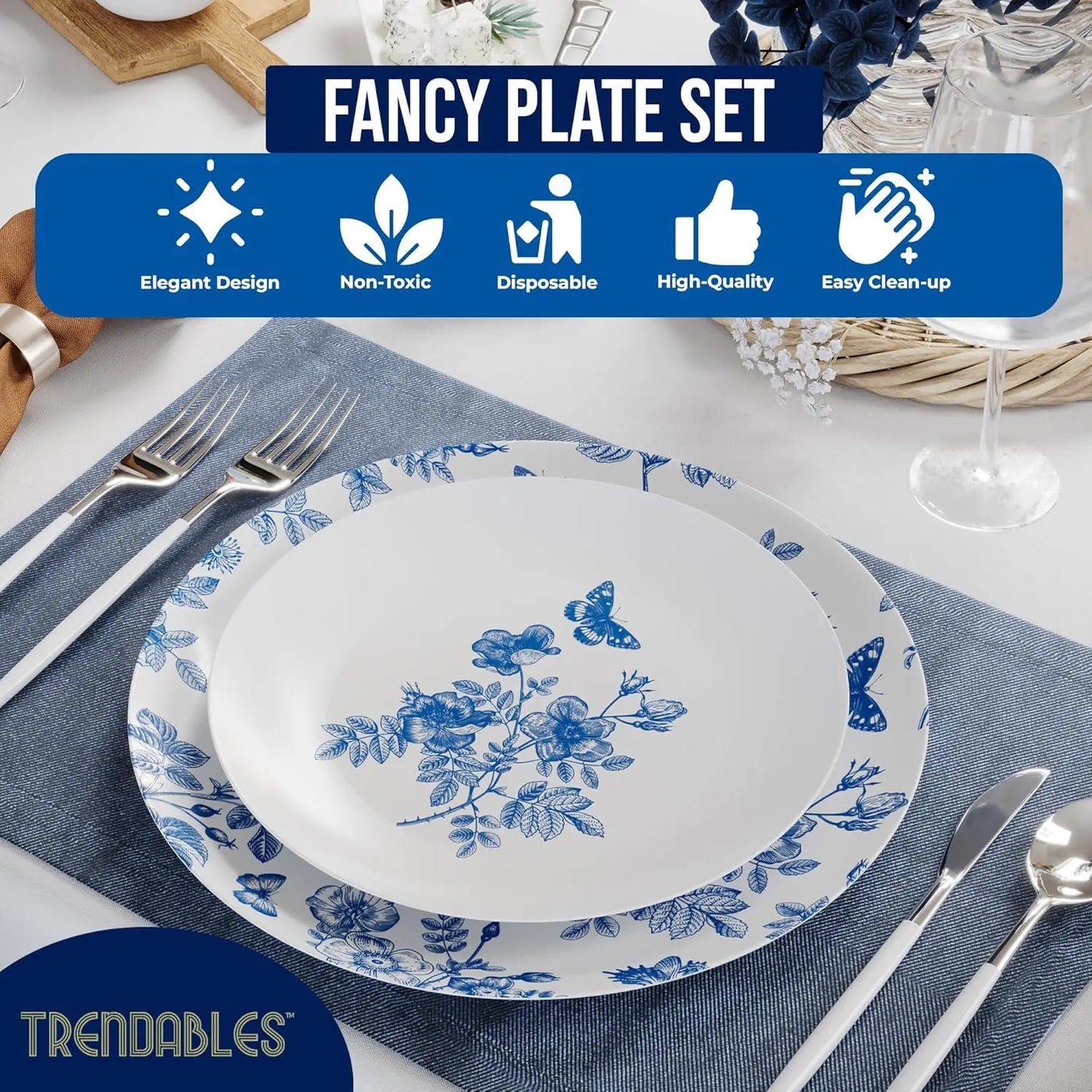 Disposable Plates For Party Supplies | Blue Floral Plastic Plates For Wedding 40 Pcs - 20 X 8 & 20 X 10 Dinner Plate Sets | F