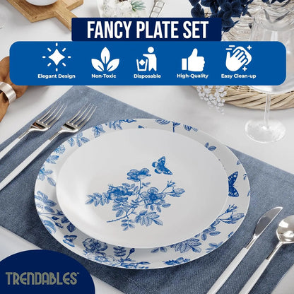 Disposable Plates For Party Supplies | Blue Floral Plastic Plates For Wedding 40 Pcs - 20 X 8 & 20 X 10 Dinner Plate Sets | F