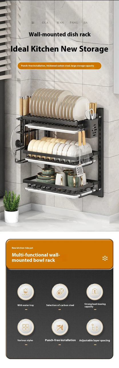 Wall-Mounted Kitchen Dish Rack Multifunctional Kitchen Organizer with Drainboard Cutlery Storage Holder Dinnerware Drainer