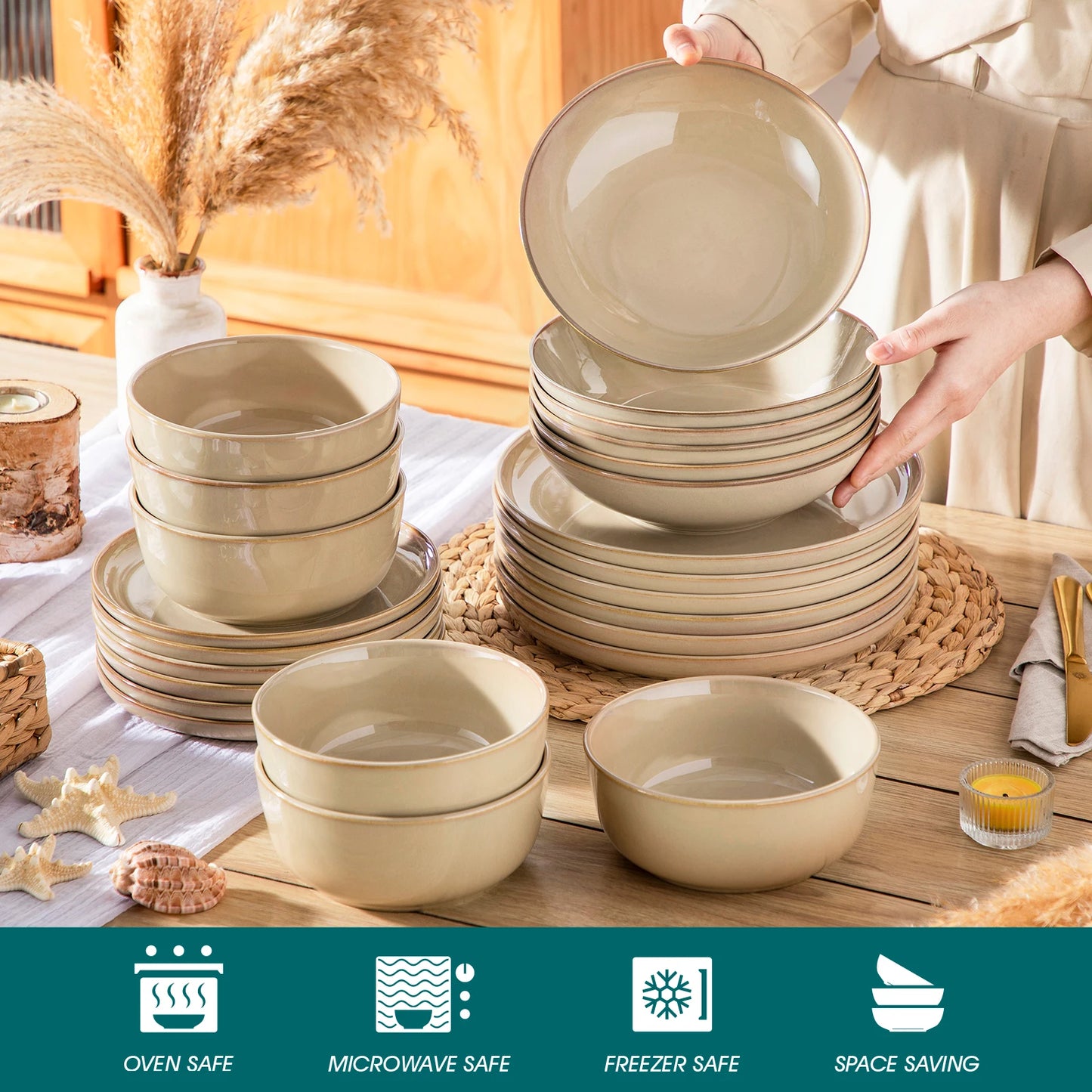 vancasso 12/16/18/24 Piece Light-Brow Reactive Glaze Stoneware Plates Set Dinnerware Sets with 4/6 pcs Dinner Plate/Dessert/Bowl