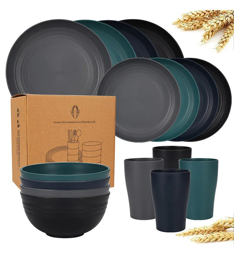 Natural Wheat Straw Tableware Set Dinnerware Sets Biodegradable Unbreakable Plates, Bowls, Cups Lightweight for Kitchen Camping