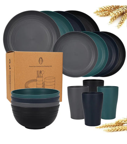 Natural Wheat Straw Tableware Set Dinnerware Sets Biodegradable Unbreakable Plates, Bowls, Cups Lightweight for Kitchen Camping