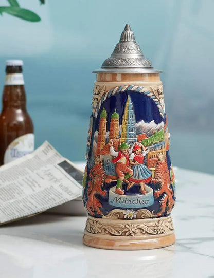 Beer Stein Mug German Munich Bavarian Viking Tankard with Petwer Lid Drinking Cups for Men's Gifts Big Capacity 1000ml