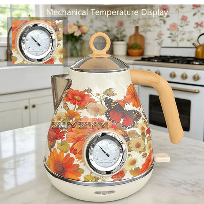 Light Luxury Cream White Floral Deca Kettle Retro Floral Butterfly Electric Kettle Temperature Display Boil Dry Protection 1.7L