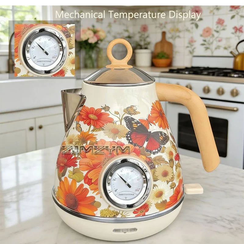 Light Luxury Cream White Floral Deca Kettle Retro Floral Butterfly Electric Kettle Temperature Display Boil Dry Protection 1.7L