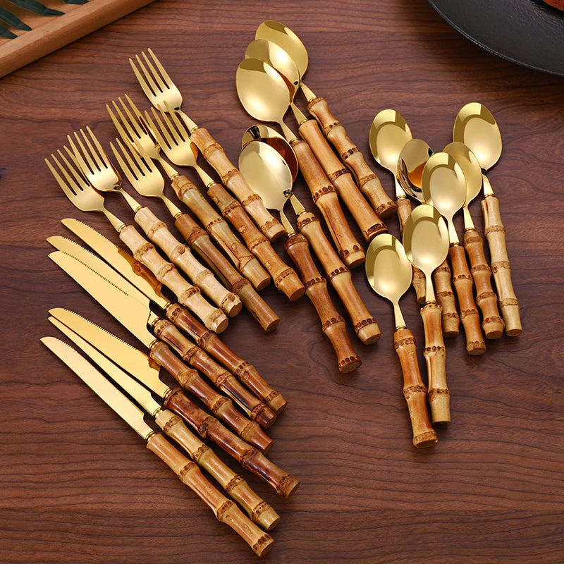 24Pcs Dinnerware Sets Original Nature Bamboo Handle Cutlery Stainless Steel Knife Fork Spoon Purely Natural Bamboo Tableware Set