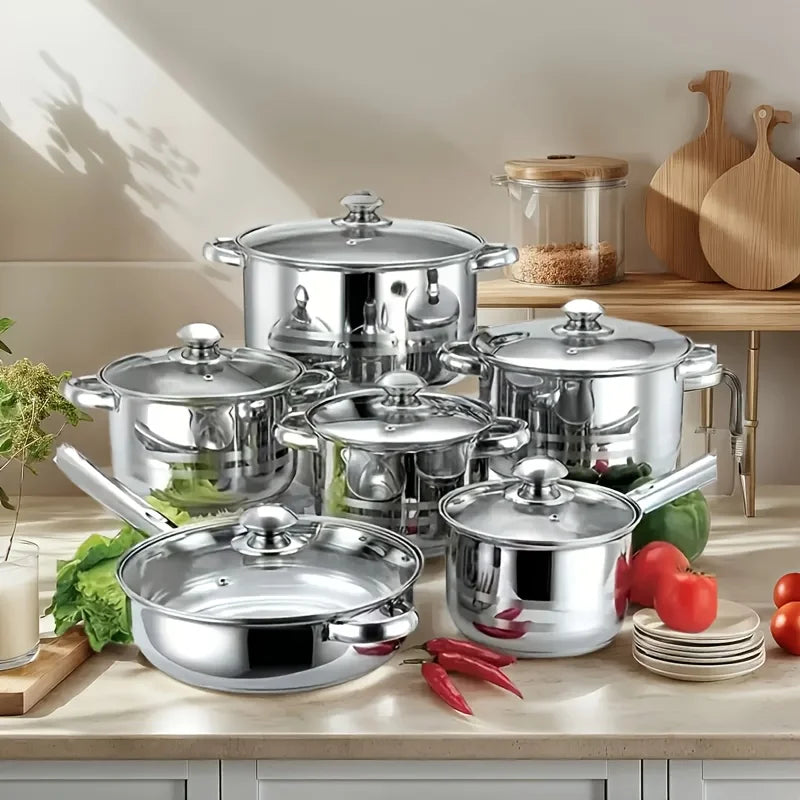 10/12pcs- Stainless Steel Pots And Pans 6pots+6pots - Heavy-Duty, Non-stick Cookware Set with Lid for Stew, Simmering, Soup -