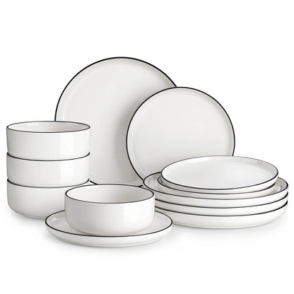 MALACASA 12/24 Piece Black Rim Ceramic Porcelain Dinnerware Set with 4/8 Pcs Dinner/Dessert Plates/Bowl Tableware Set for 4