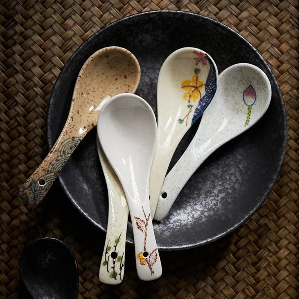 Japanese-style Ceramic Mixing Spoons Stir Soup Spoons Kitchen Utensil Tableware Cutlery Adults Kids Dinnerware