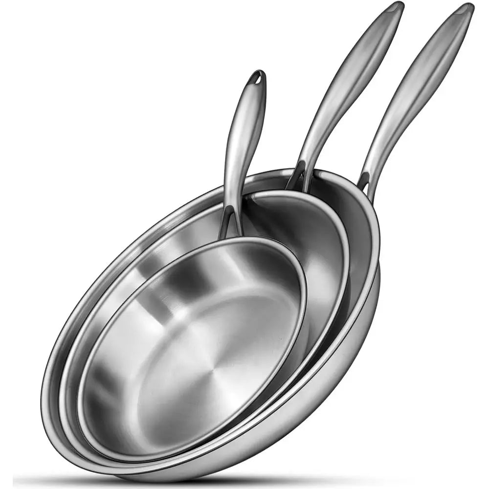 Triple-Layer Stainless Steel Frying Pan Set, 8/10/12, PFOA and PTFE Free, Induction Compatible, Dishwasher and Oven Safe, Durabl