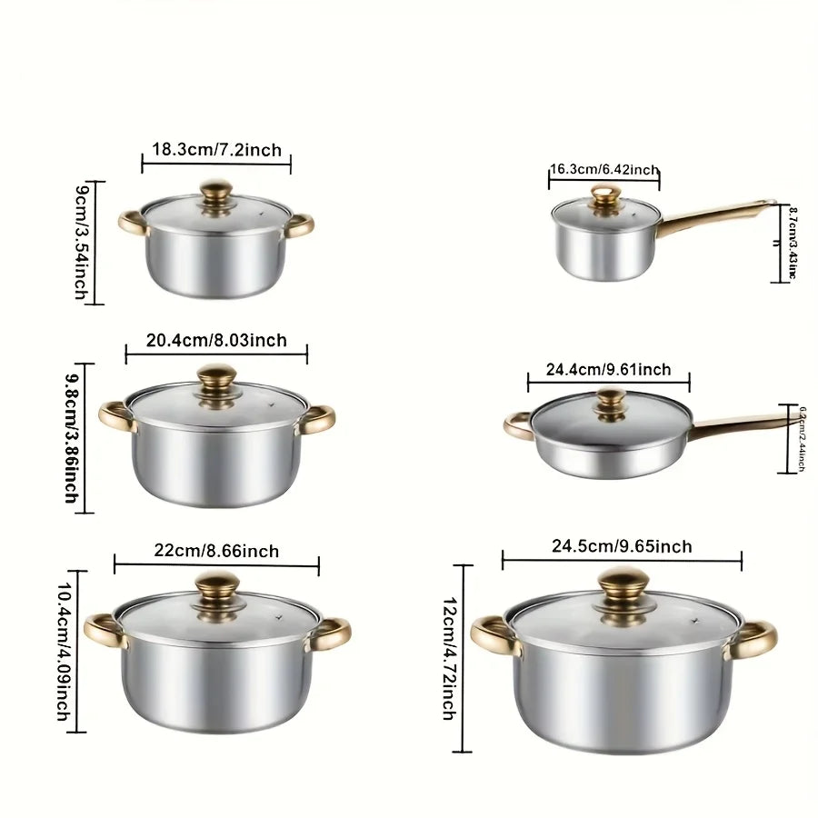 10/12pcs- Stainless Steel Pots And Pans 6pots+6pots - Heavy-Duty, Non-stick Cookware Set with Lid for Stew, Simmering, Soup -