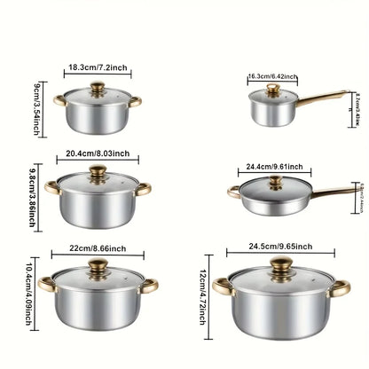 10/12pcs- Stainless Steel Pots And Pans 6pots+6pots - Heavy-Duty, Non-stick Cookware Set with Lid for Stew, Simmering, Soup -