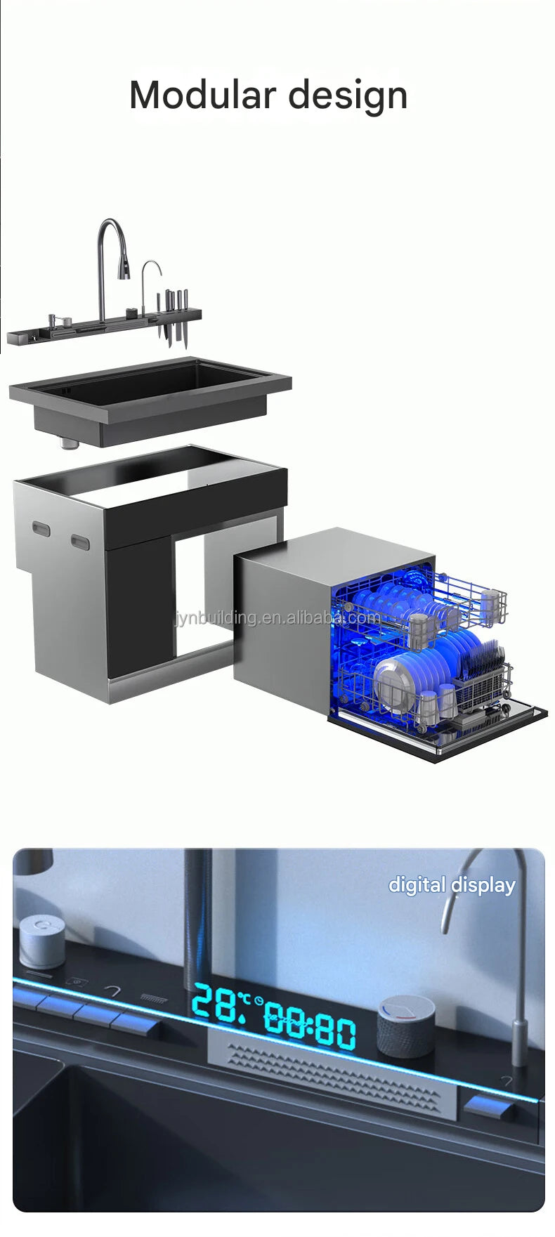Integrated Sink Dishwasher Home Embedded Dishwasher 110~220V Integrated Dishwasher 304 SUS Ultrasonic Integrated Kitchen Sink