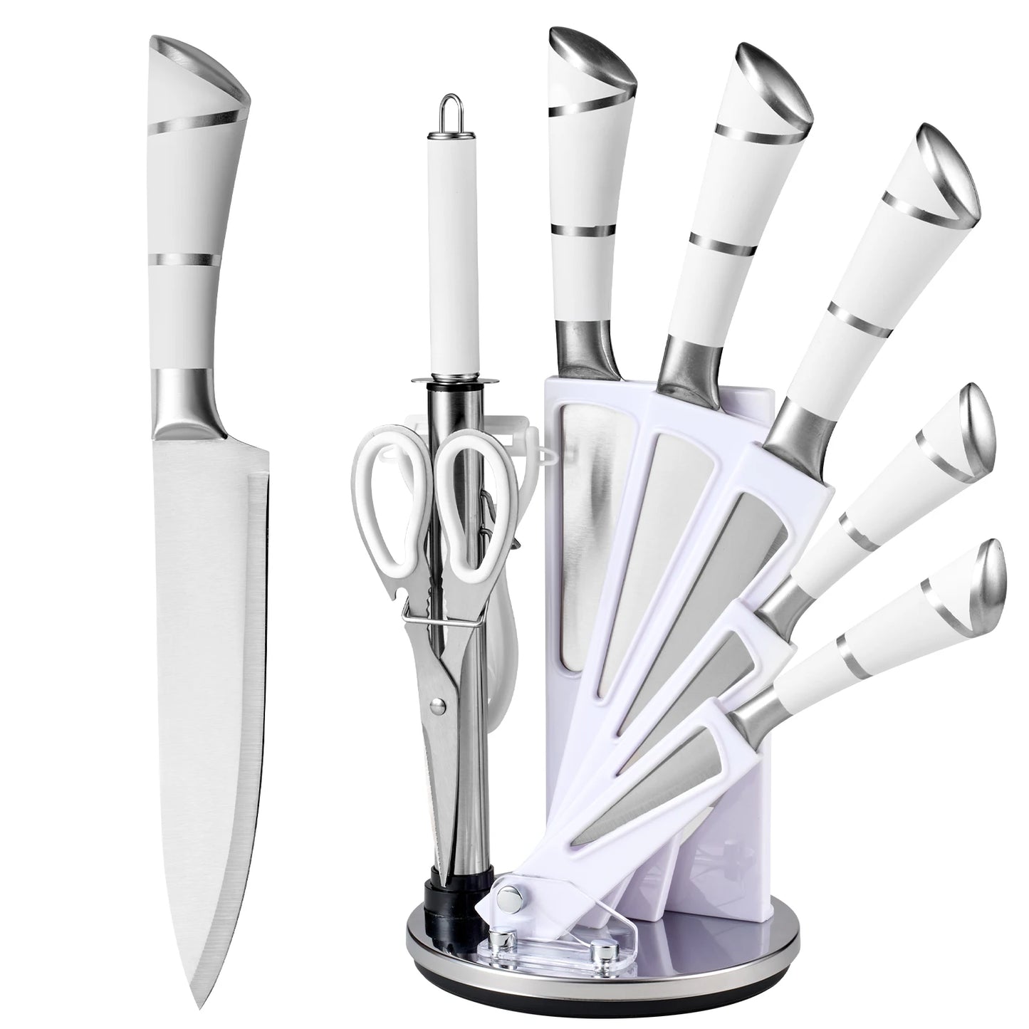 9-Piece Set Stainless Steel Kitchen Knives - with Storage Rack - Ultra-sharp Chef's Knife for Home Cooking Essentials Pink/White