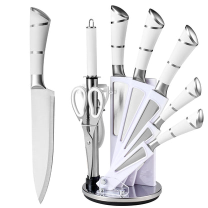9-Piece Set Stainless Steel Kitchen Knives - with Storage Rack - Ultra-sharp Chef's Knife for Home Cooking Essentials Pink/White
