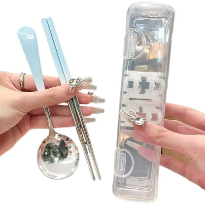 Stainless Steel Portable Cutlery Set Spoon Chopsticks Student Travel Korean Style Portable Cutlery Set With Box Kitchen Supply