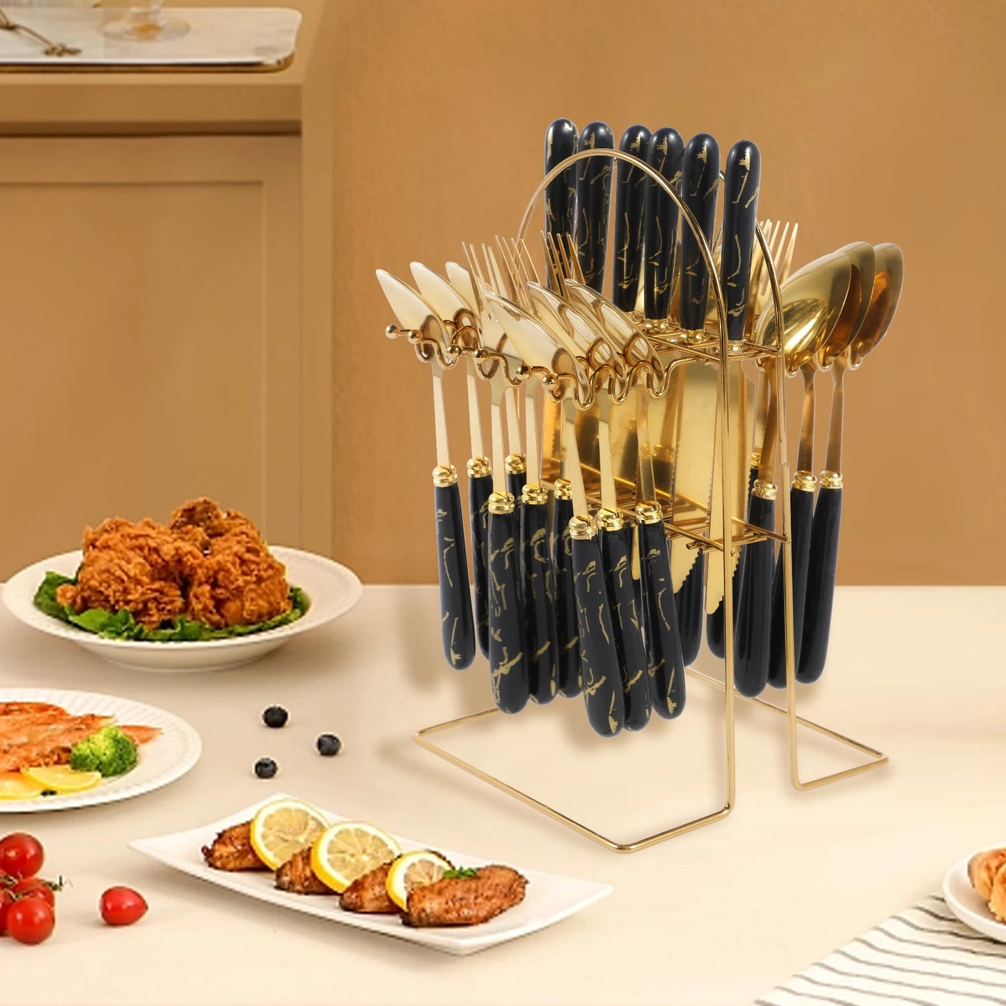 24Pcs Tableware Set with Holder Stainless Steel Cutlery Set Service for 6 Utensils Set Mirror Polished Forks Knives Spoon Set