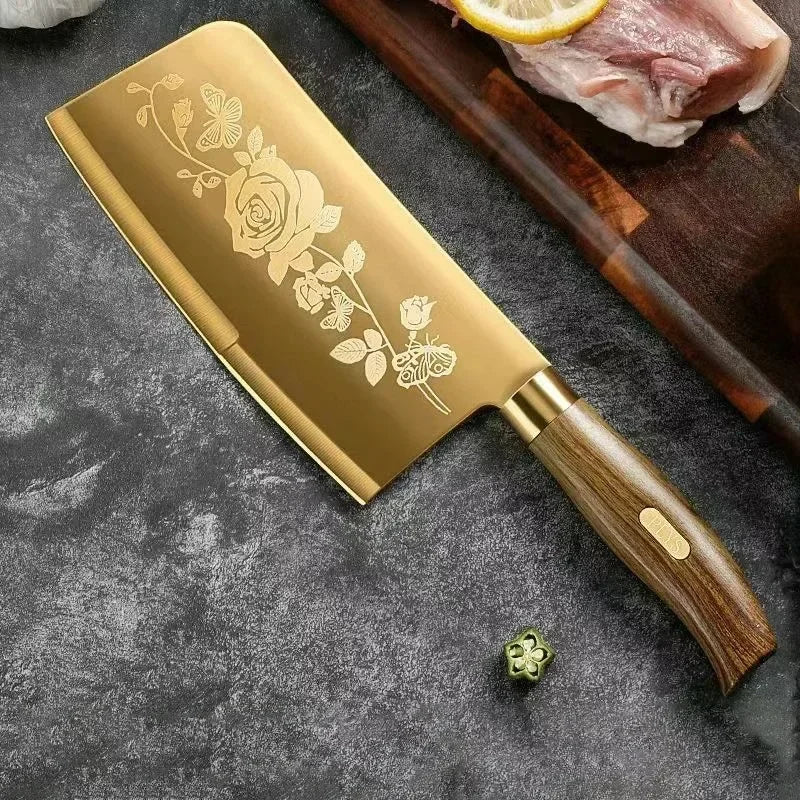 Gold Rose Pattern 4-Piece Kitchen Knife Set, Luxury Stainless Steel Chef Knives for Cooking, Sharp Professional Kitchen Tools
