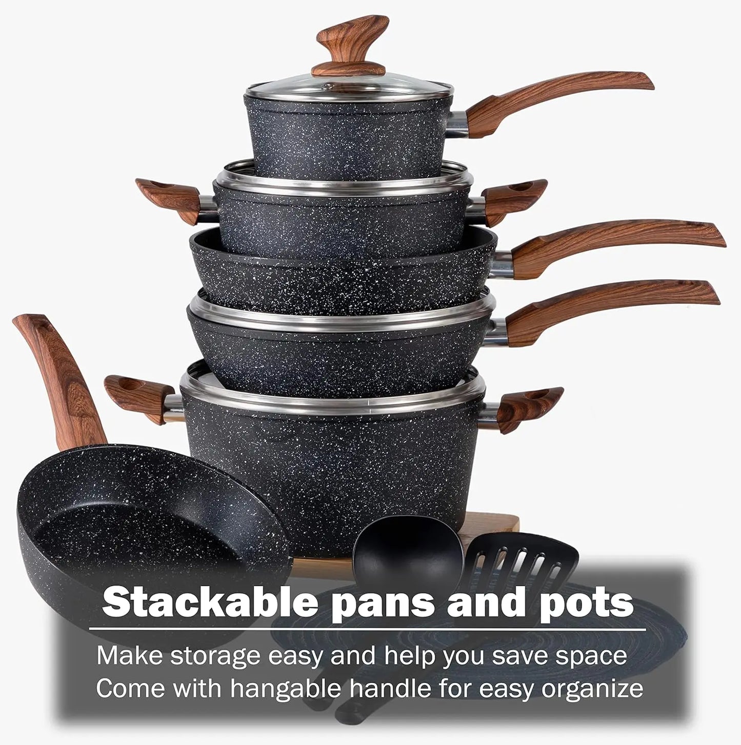 12 Piece Nonstick Granite Cookware Set, Induction Compatible Pots and Pans, Healthy PFOS/PFOA Free, Black