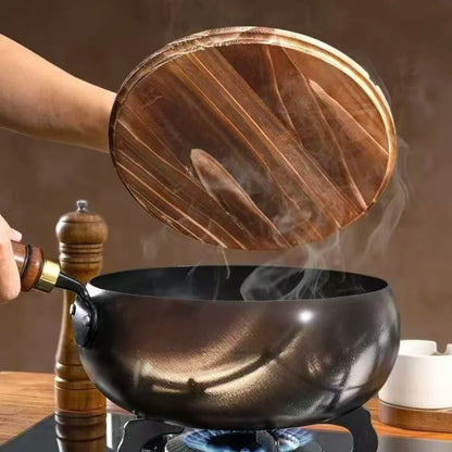 Healthy Hand Forging Cast Iron Pot NonStick Uncoated Frying Pan with Wooden Lid Chinese Wok Induction Cooker Gas