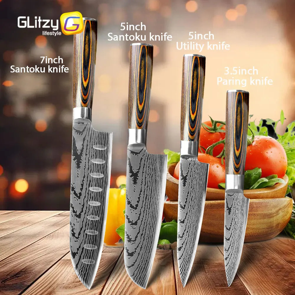Kitchen Knife Set Professional Chef Knife 7CR17 Germany Stainless Steel Damascus Laser Meat Cleaver Slicing Santoku Cutter Tools