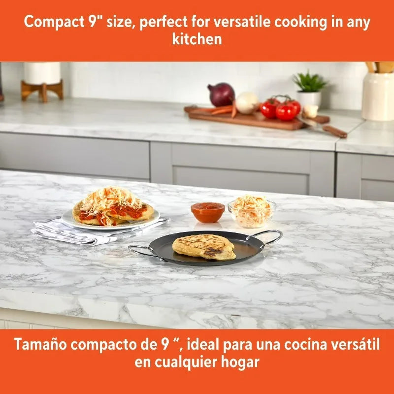 9in Carbon Steel Nonstick Round Comal with Metal Handles, Black