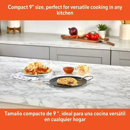 9in Carbon Steel Nonstick Round Comal with Metal Handles, Black