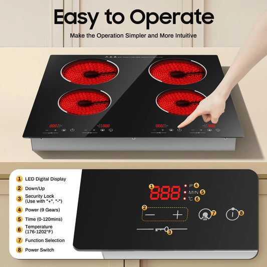 3000W US Standard Electric Ceramic Cooktop Built-In Sensor Touch-Control with 9 Heating Levels and LED display screen for