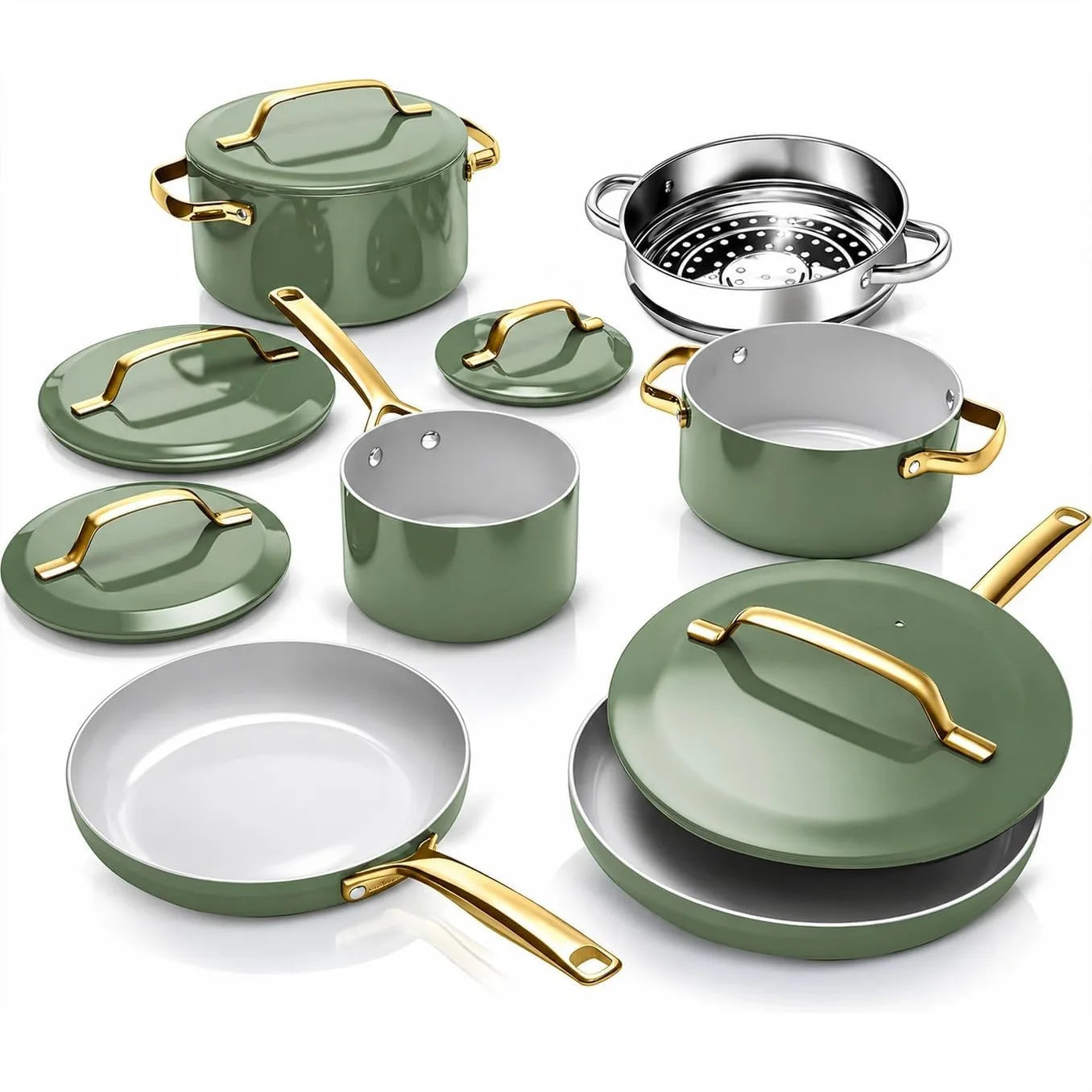 11 Pc Ceramic Cookware Set with Nonstick Coating, Induction Ready Pots and Pans with Steamer