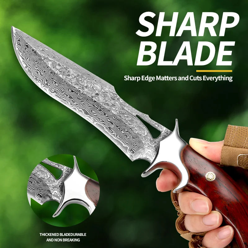 Damascus advanced straight knife, fixed blade, wooden handle and leather scabbard, easy to carry, fast cutting, loved by men